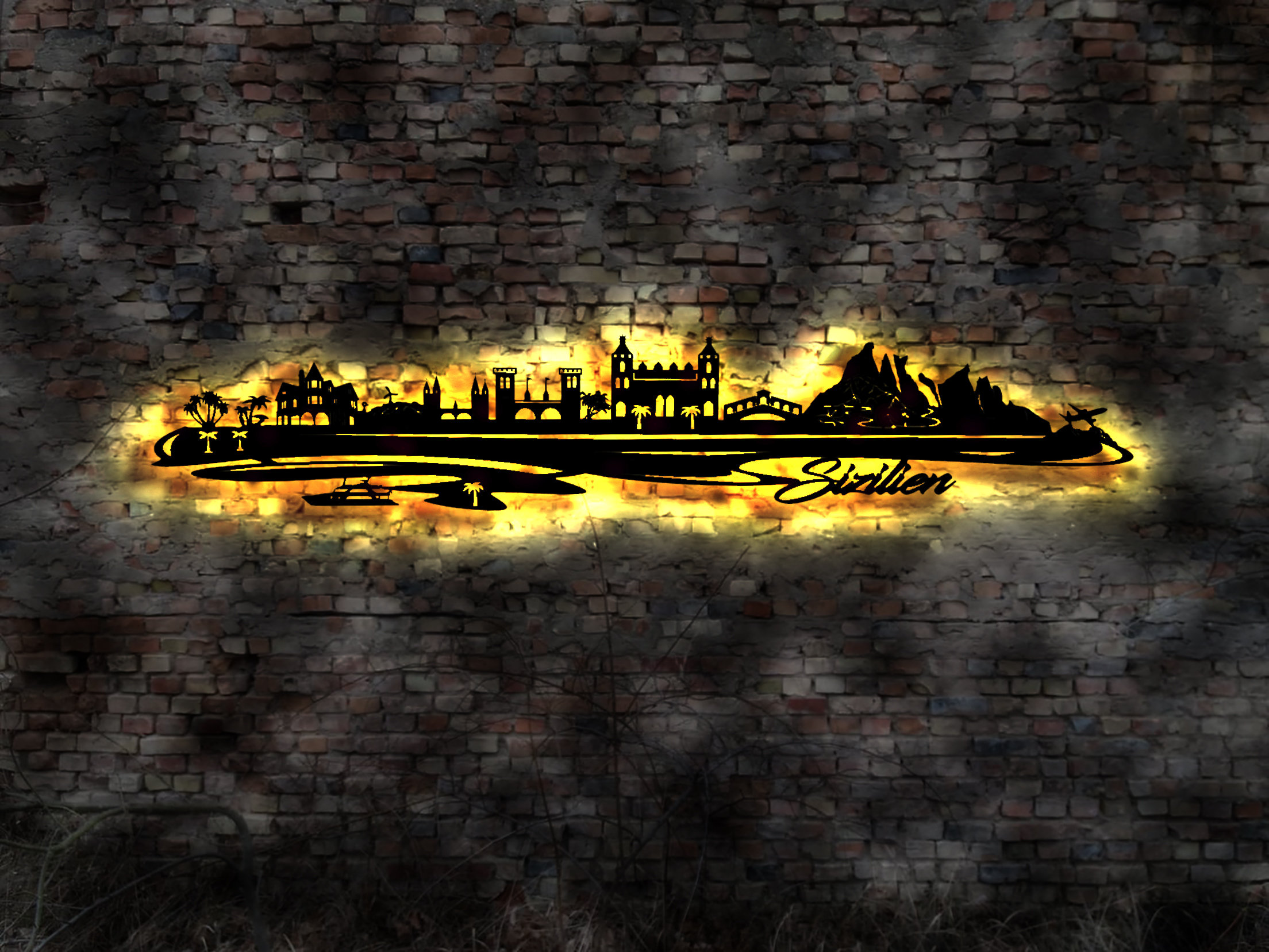 Skyline Island Sicily Sicilia LED Wall Picture Wood City AK Map Wall ...