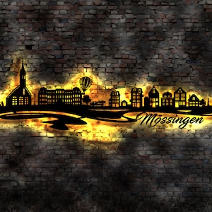 Skyline Mössingen LED Wandbild Holz Stadt AK Karte Map Stadtplan Wandsticker Leuchtbild Neonreklame Wandtattoo Reiseführer Silhouette