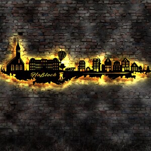 Skyline Haßloch  LED Wandbild Holz Stadt AK Karte Map Stadtplan Wandsticker Leuchtbild Neonreklame Wandtattoo Reiseführer Silhouette