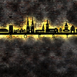 Skyline Soest  LED Wandbild Holz Stadt AK Karte Map Stadtplan Wandsticker Leuchtbild Neonreklame Wandtattoo Reiseführer Silhouette