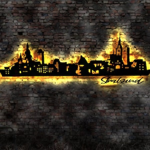 Skyline Stralsund LED Wandbild Holz Stadt AK Karte Map Stadtplan Wandsticker Leuchtbild Neonreklame Wandtattoo Reiseführer Silhouette