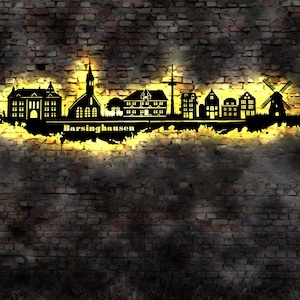 LED Skyline Barsinghausen   Wandbild Holz Stadt  Karte Map Stadtplan Marktplatz Rathaus Windmühle Wandtattoo Reiseführer Silhouette