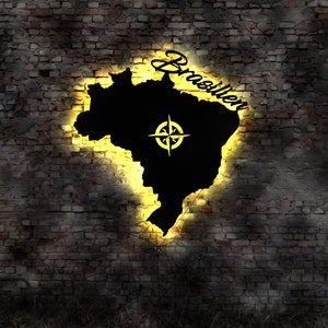 Brasilien Land  LED Wandbild Holz Stadt  Karte Map Stadtplan Wandsticker Leuchtbild Neonreklame Wandtattoo Reiseführer Silhouette