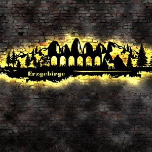 LED Skyline Erzgebirge  Gebirge  Wandbild Holz Stadt AK Karte  Leuchtbild Schild Bild  Wandtattoo Reiseführer Silhouette