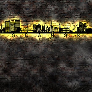 Skyline Gdansk Danzig Poland Polen LED Wandbild   Holz Stadt AK Karte Map Stadtplan Wandsticker Leuchtbild Wandtattoo Reiseführer Silhouette