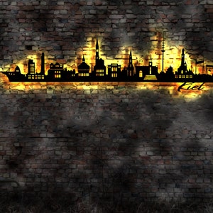 Skyline Kiel Norddeutschland Wandbild Holz Stadt AK Karte Map Stadtplan Wandsticker Leuchtbild Neonreklame Wandtattoo Reiseführer Silhouette