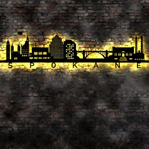 Skyline Spokane Stadt LED Wandbild Holz Stadt AK Karte Map Stadtplan Wandsticker Leuchtbild Neonreklame Wandtattoo USA