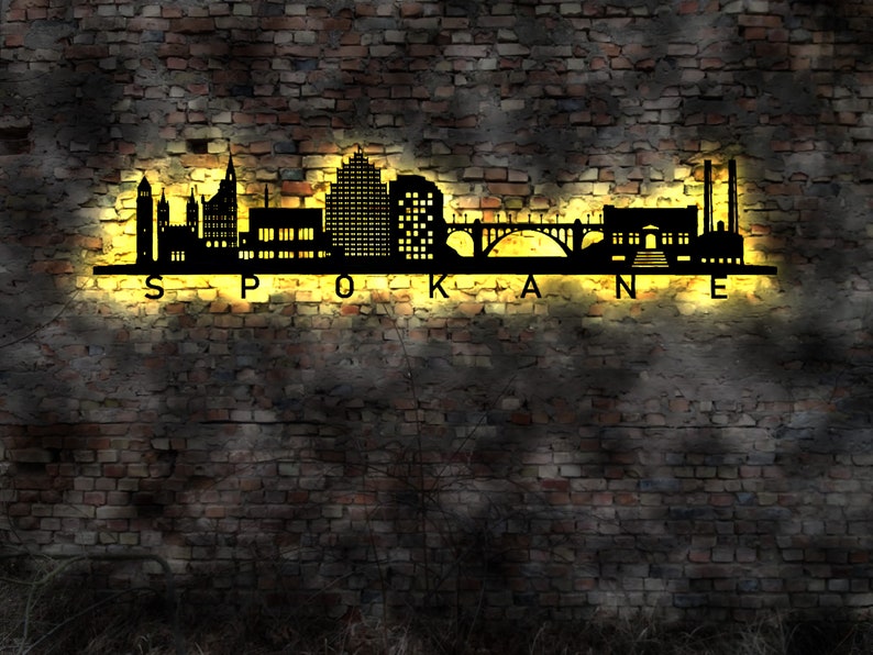 Skyline Spokane City LED Wall Mural Wood City AK Map Map City Map Wall