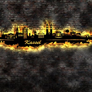 Skyline Kassel LED Wandbild Holz Stadt AK Karte Map Stadtplan Wandsticker Leuchtbild Neonreklame Wandtattoo Reiseführer Silhouette