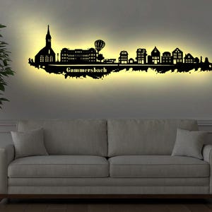 Skyline Gummersbach NRW  LED Wandbild Holz Stadt AK Karte Map Stadtplan Wandsticker Leuchtbild Neonreklame Wandtattoo Reiseführer Silhouette