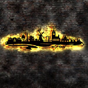 Skyline Poel Pöl Pöhl MV LED Wandbild Holz Stadt AK Karte Map Stadtplan Wandsticker Leuchtbild Neonreklame Wandtattoo Reiseführer Silhouette