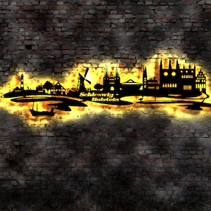Skyline Bundesland Schleswig-Holstein LED Wandbild Holz Stadt  Karte Stadtplan Lübeck Kiel Schleswig Holstein Reiseführer Silhouette