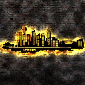 Skyline Sydney Australien LED Wandbild Holz Stadt  Karte Map Stadtplan Wandsticker Leuchtbild Neonreklame Wandtattoo Reiseführer Silhouette