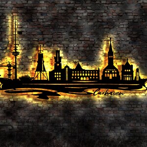 Skyline Cuxhaven   LED Wandbild Holz Stadt AK Karte Map Stadtplan Wandsticker Leuchtbild Neonreklame Wandtattoo Reiseführer Silhouette