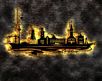 Cuxhaven Skyline LED Wall Mural, Wood, City Map, City Plan, Wall Sticker, Illuminated Picture, Neon Sign, Wall Decal, Travel Guide, Silhouette