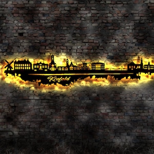 Skyline Krefeld LED Wandbild Holz Stadt AK Karte Map Stadtplan Wandsticker Leuchtbild Neonreklame Wandtattoo Reiseführer Silhouette