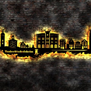Skyline Tauberbischofsheim LED Wandbild Holz Stadt AK Karte Map Stadtplan Wandsticker Leuchtbild Wandtattoo Reiseführer Silhouette