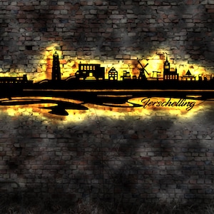 Skyline Terschelling Island LED Wandbild Holz Stadt AK Karte Map Wandsticker Leuchtbild Niederlande Wandtattoo Reiseführer Silhouette