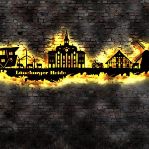 Skyline Lüneburger Heide LED Wandbild Holz Stadt AK Karte Map Stadtplan Wandsticker Leuchtbild Neonreklame Wandtattoo Reiseführer Silhouette