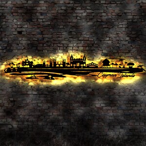 Skyline Cayman Islands Urlaub  LED Wandbild Holz Stadt AK Karte Map Wandsticker Leuchtbild Neonreklame Wandtattoo Reiseführer Silhouette