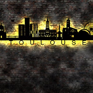Skyline Toulouse France Frankreich LED Wandbild Holz Stadt AK Karte Map Stadtplan Wandsticker Leuchtbild Neonreklame Wandtattoo