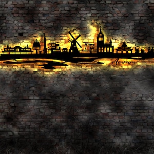 Skyline Amrum Insel Island Urlaub  LED Wandbild Holz Stadt AK Karte Map Wandsticker Leuchtbild Neonreklame Wandtattoo Reiseführer Silhouette