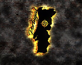 Skyline Portugal Country LED Wall Picture Wood City Map Map City Map Wall Sticker Illuminated Image Neon Sign Wall Tattoo Travel Guide Silhouette