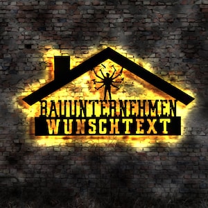 May include: A black silhouette of a house with a person inside holding tools, with the text "BAUUNTERNEHMEN WUNSCHTEXT" in a yellow glow.