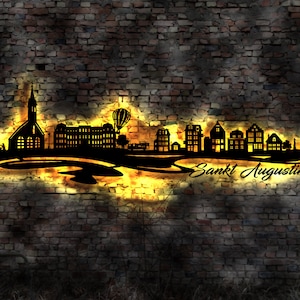 Skyline Sankt Augustin LED Wandbild Holz Stadt AK Karte Map Stadtplan Wandsticker Leuchtbild Neonreklame Wandtattoo Reiseführer Silhouette