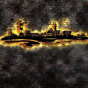 Skyline Rügen MV LED Wandbild Holz Stadt AK Karte Map Stadtplan Wandsticker Leuchtbild Neonreklame Wandtattoo Reiseführer Silhouette