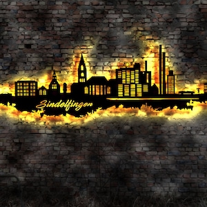 Skyline Sindelfingen LED Wandbild Holz Stadt AK Karte Map Stadtplan Wandsticker Leuchtbild Neonreklame Wandtattoo Reiseführer Silhouette