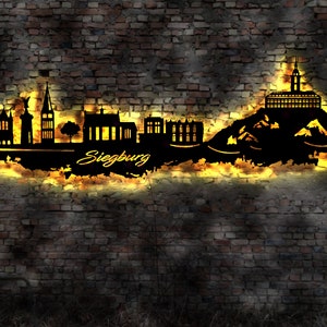 Skyline Siegburg LED Wandbild Holz Stadt AK Karte Map Stadtplan Wandsticker Leuchtbild Neonreklame Wandtattoo Reiseführer Silhouette