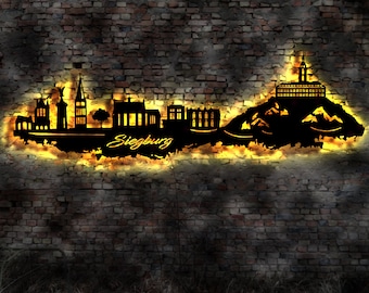 Skyline Siegburg LED wall picture wood city AK map map city map wall sticker illuminated image neon advertising wall sticker travel guide silhouette