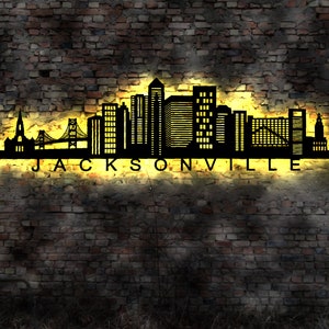 Skyline Jacksonville LED Wandbild Holz Stadt AK Karte Map Stadtplan Wandsticker Leuchtbild Neonreklame Wandtattoo  Silhouette