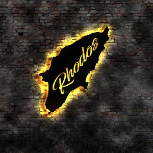 Skyline Insel Rhodos LED Wandbild Holz Stadt AK Karte Map Wandsticker Leuchtbild Neonreklame Wandtattoo Reiseführer Silhouette