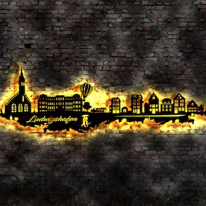 Skyline Ludwigshafen  LED Wandbild Holz Stadt AK Karte Map Stadtplan Wandsticker Leuchtbild Neonreklame Wandtattoo Reiseführer Silhouette