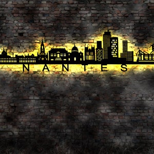 Skyline Nantes  France Frankreich LED Wandbild Holz Stadt AK Karte Map Stadtplan Wandsticker Leuchtbild Neonreklame Wandtattoo horizon