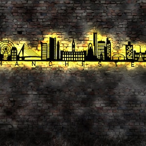 Skyline Manchester  LED Wandbild Holz Stadt AK Karte Map Stadtplan Wandsticker Leuchtbild UK  Wandtattoo Reiseführer Silhouette