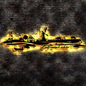 Skyline Nordsee osfriesisch LED Wandbild Holz Stadt AK Karte Map Wandsticker Leuchtbild Neonreklame Wandtattoo Reiseführer Silhouette