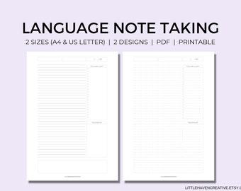 Plantillas para tomar notas de idioma 2 tamaños / Notas de idiomas extranjeros / Notas de clase / Autoestudio / Aprendizaje de idiomas / Rayado / Punteado / Imprimible
