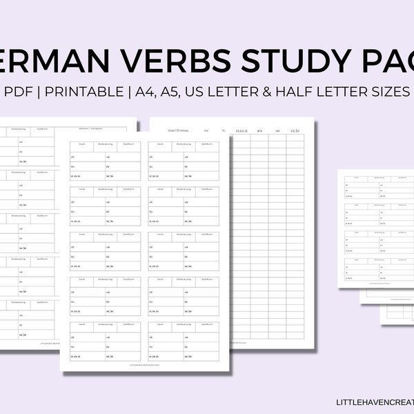 German Verb Practice | Verb Study and Practice Pack | Portrait | Conjugation Tables | Practice Sheet | Learn German | Printable | Templates