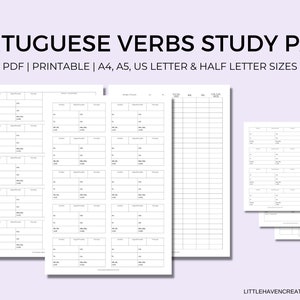 Op de afbeelding: Printbare Portugese werkwoordstudiepakket in PDF-formaat. Bevat de formaten A4, A5, US Letter en Half Letter.