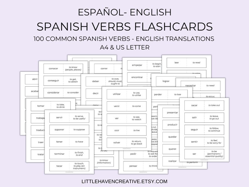 100 Common Spanish Verbs Flashcards Blank Flashcards Etsy