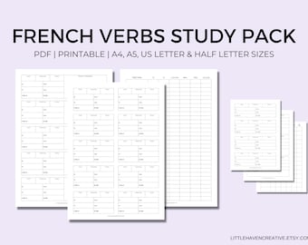 French Verb Practice | Verb Study and Practice Pack | Conjugation Tables | Practice Sheet | Portrait Vertical | Printable | Digital Download