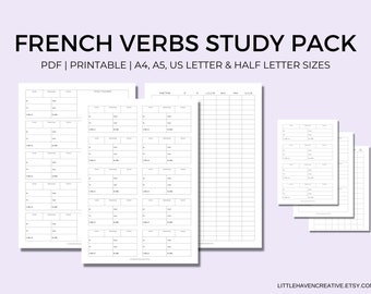 French Verb Practice | Verb Study and Practice Pack | Conjugation Tables | Practice Sheet | Portrait Vertical | Printable | Digital Download