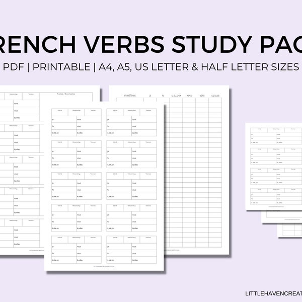 French Verb Practice | Verb Study and Practice Pack | Conjugation Tables | Practice Sheet | Portrait Vertical | Printable | Digital Download