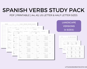 Spanish Verb Practice Pack | Study and Practice Templates | Conjugation Tables | Landscape Horizontal | Printable | Digital Download