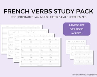French Verb Practice | Landscape Horizontal | Verb Study and Practice Pack | Conjugation Tables | Templates | Printable | Digital Download