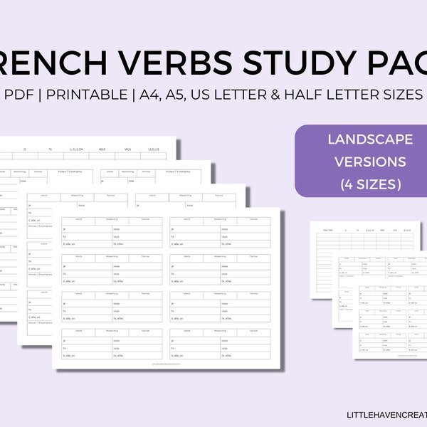 French Verb Practice | Landscape Horizontal | Verb Study and Practice Pack | Conjugation Tables | Templates | Printable | Digital Download