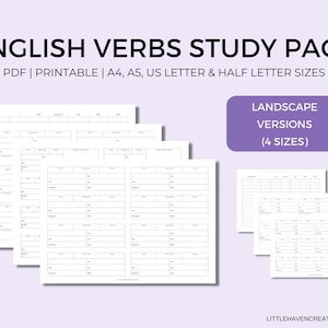 Englische Verb Praxis | Querformat | Verb Study and Practice Pack | Konjugationstabellen | Vorlagen | Druckbare | Digitaler Download